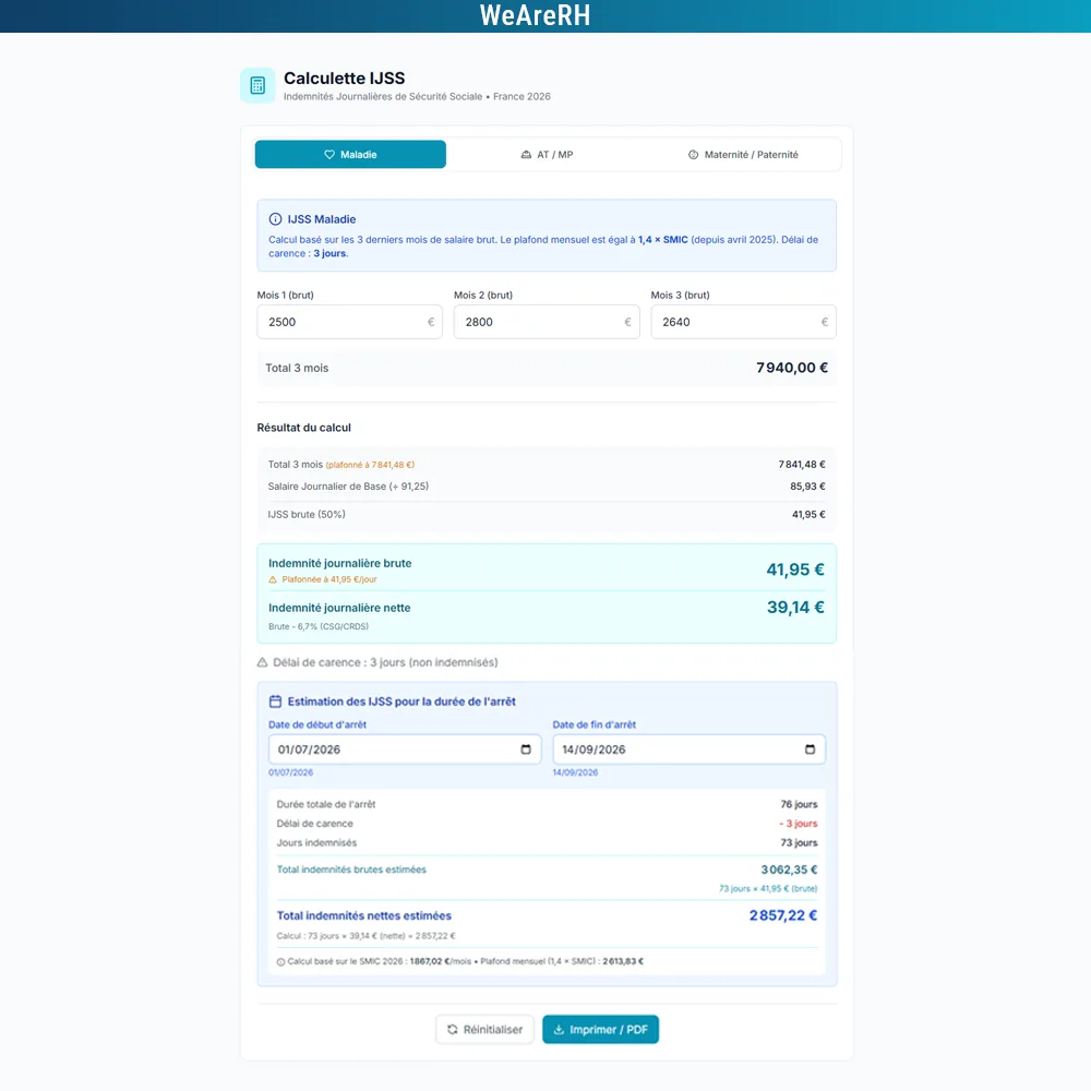 Aperçu de l'outil Calcul des IJSS